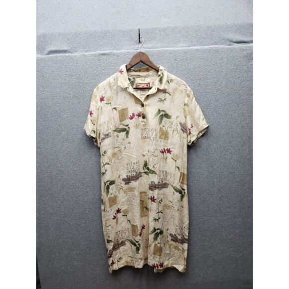 Caribbean Joe XL Beige Floral Print Short-Sleeve Button-Up Shirt Dress - Picture 1 of 5